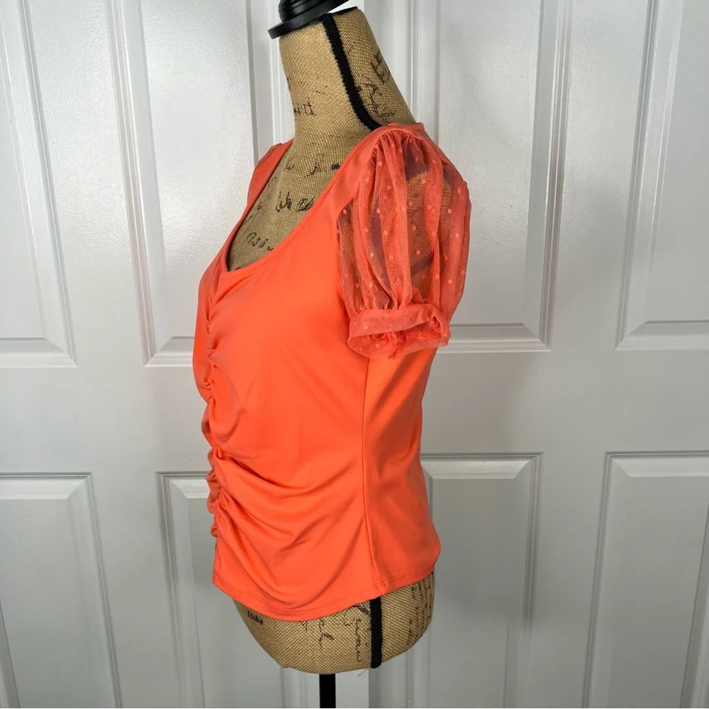 Sz L Free People Coral Puff Sleeve Blush Up Blouse NWOT $40 MSRP